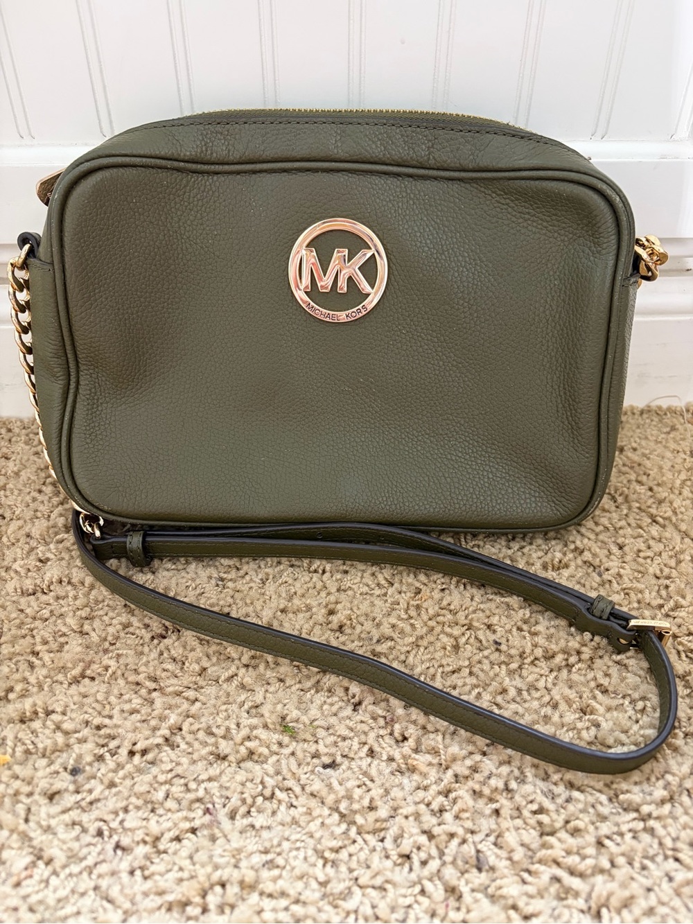 Michael Kors Olive Pebbled Leather Crossbody with Gold MK Emblem